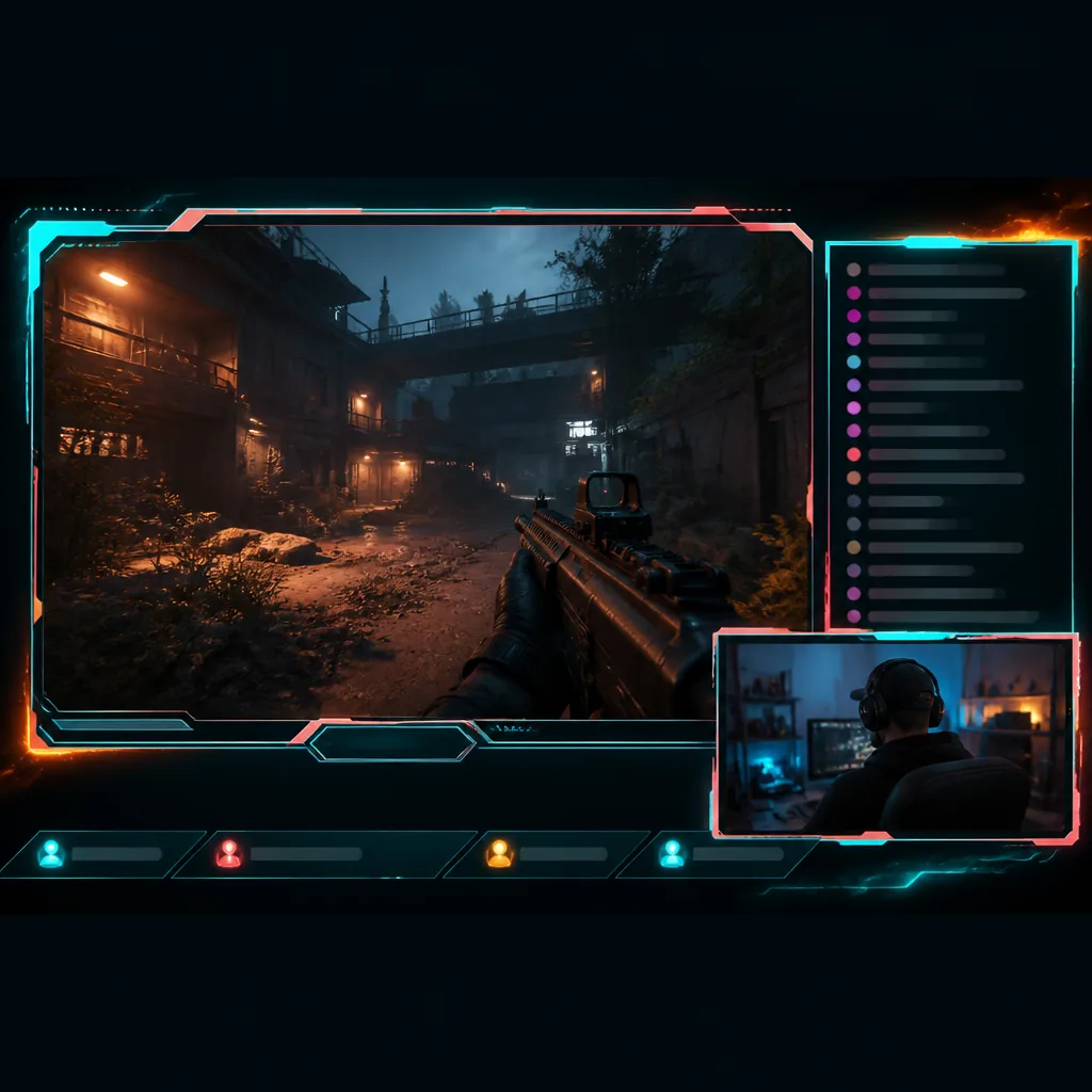 Live gameplay stream overlay with webcam box, chat panel and follower ticker in teal and coral