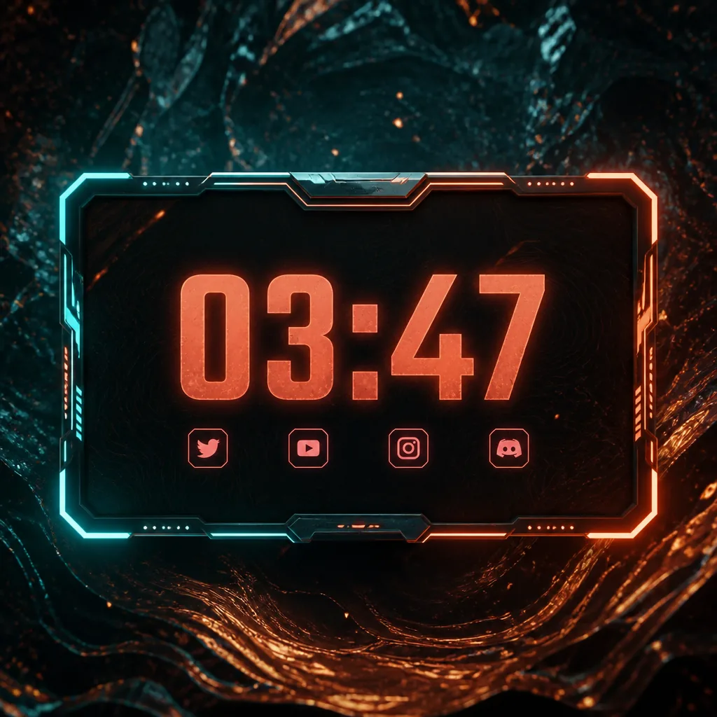 A starting-soon stream overlay frame with countdown and social handles in teal and coral